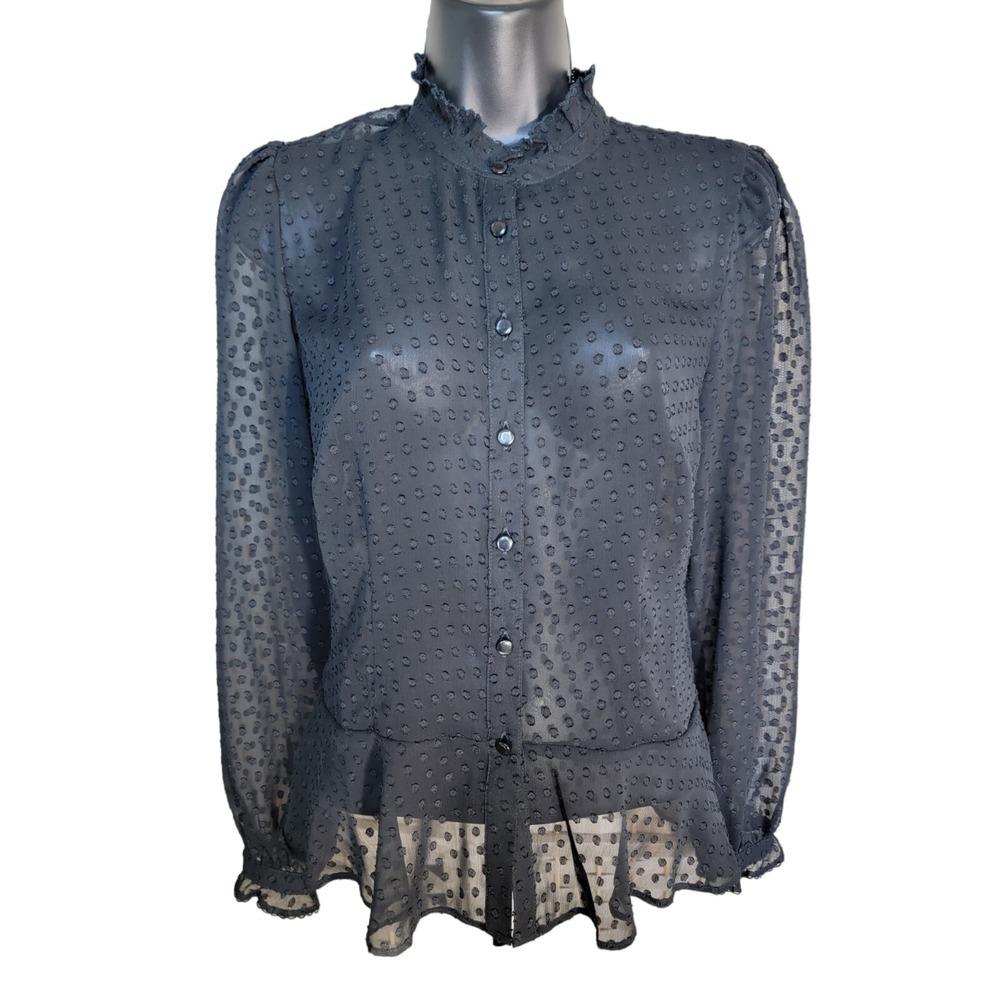 Loft Long Sleeve Sheer Blouse Ruffle Chiffon Polka Dots Black Size 2